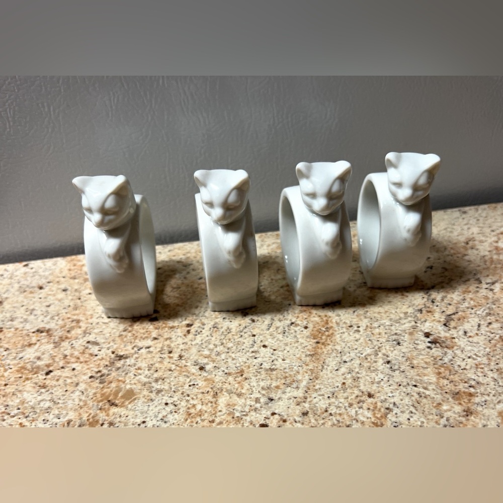 White Ceramic Cat Napkin Rings - Set of 4